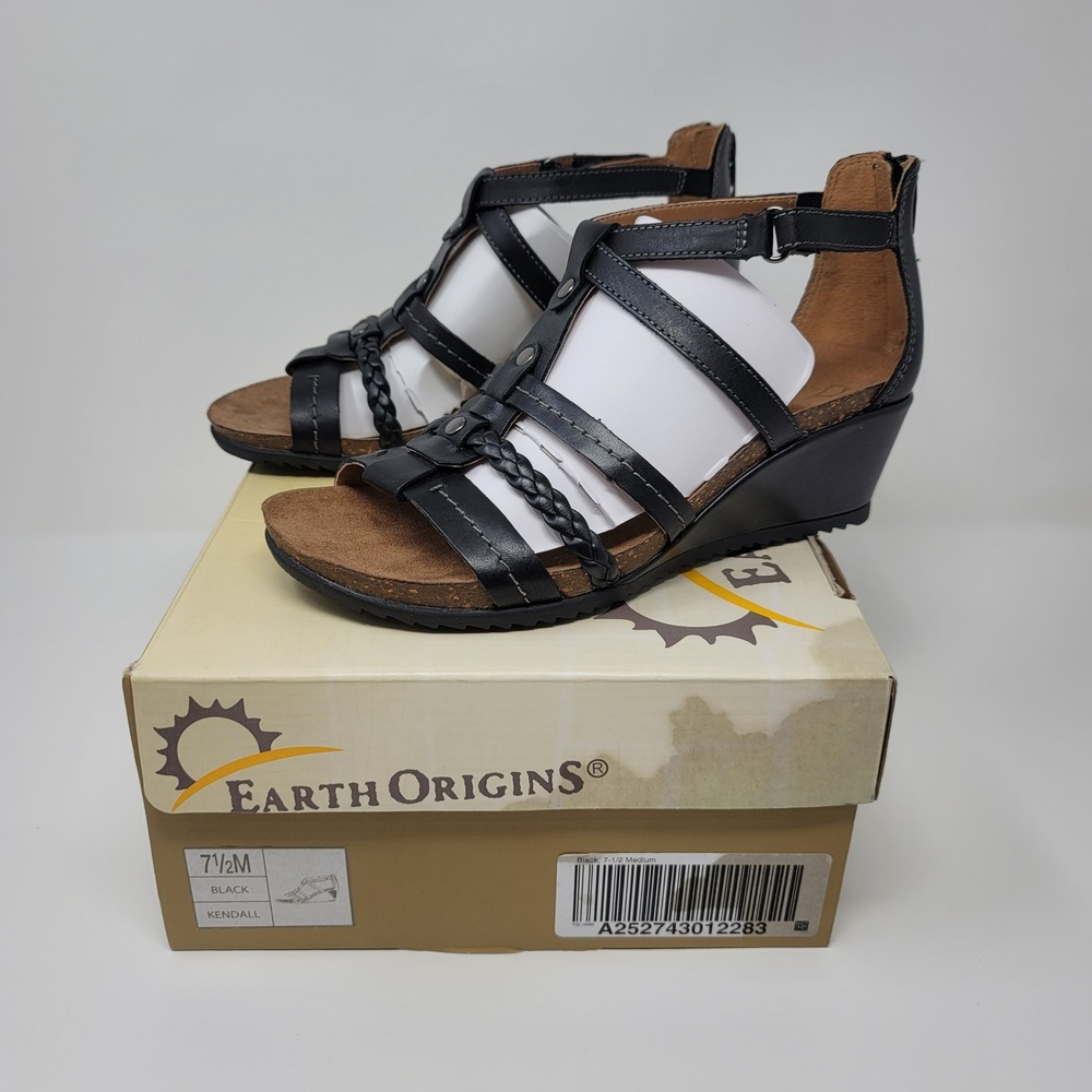 Earth Origins Kendall Black Calf Leather Wedge Gladiator Sandals Sz‎ 7.5M New